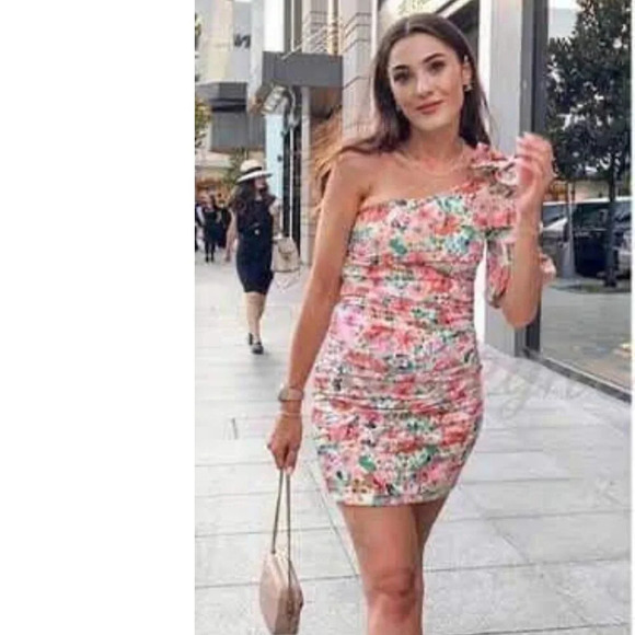 Zara One Shoulder Floral Draped Bodycon Mini Dress Size Small - Picture 5 of 13